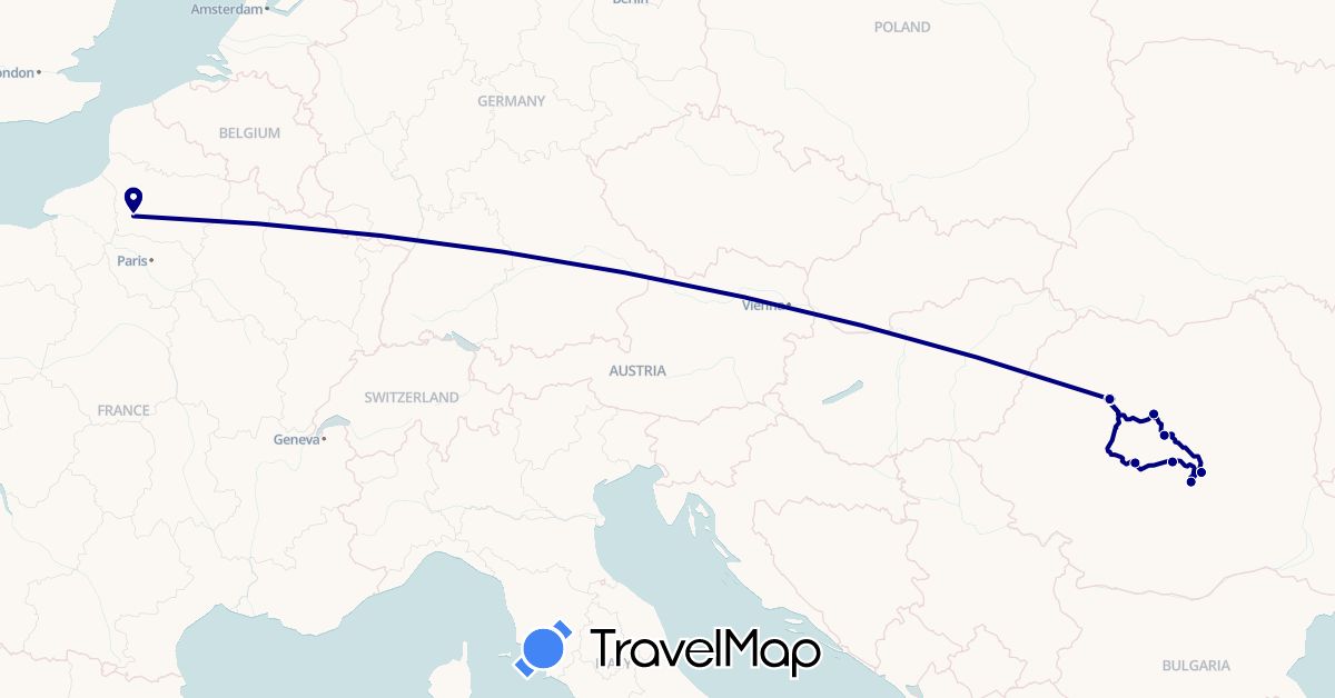 TravelMap itinerary: driving in France, Romania (Europe)